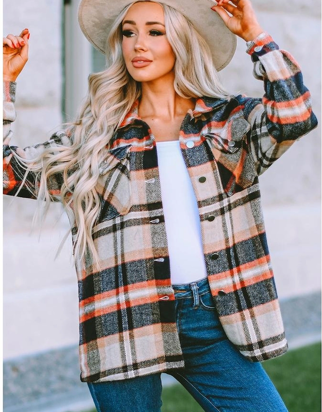 Khaki Geometric Plaid Print Pocketed Shacket