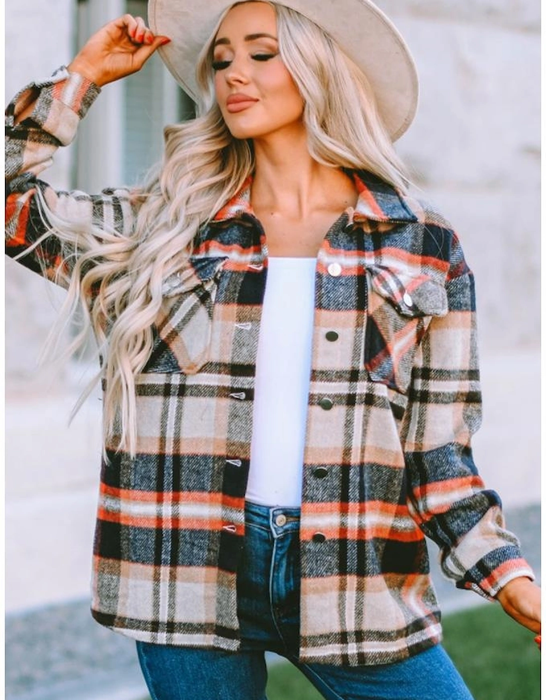 Khaki Geometric Plaid Print Pocketed Shacket