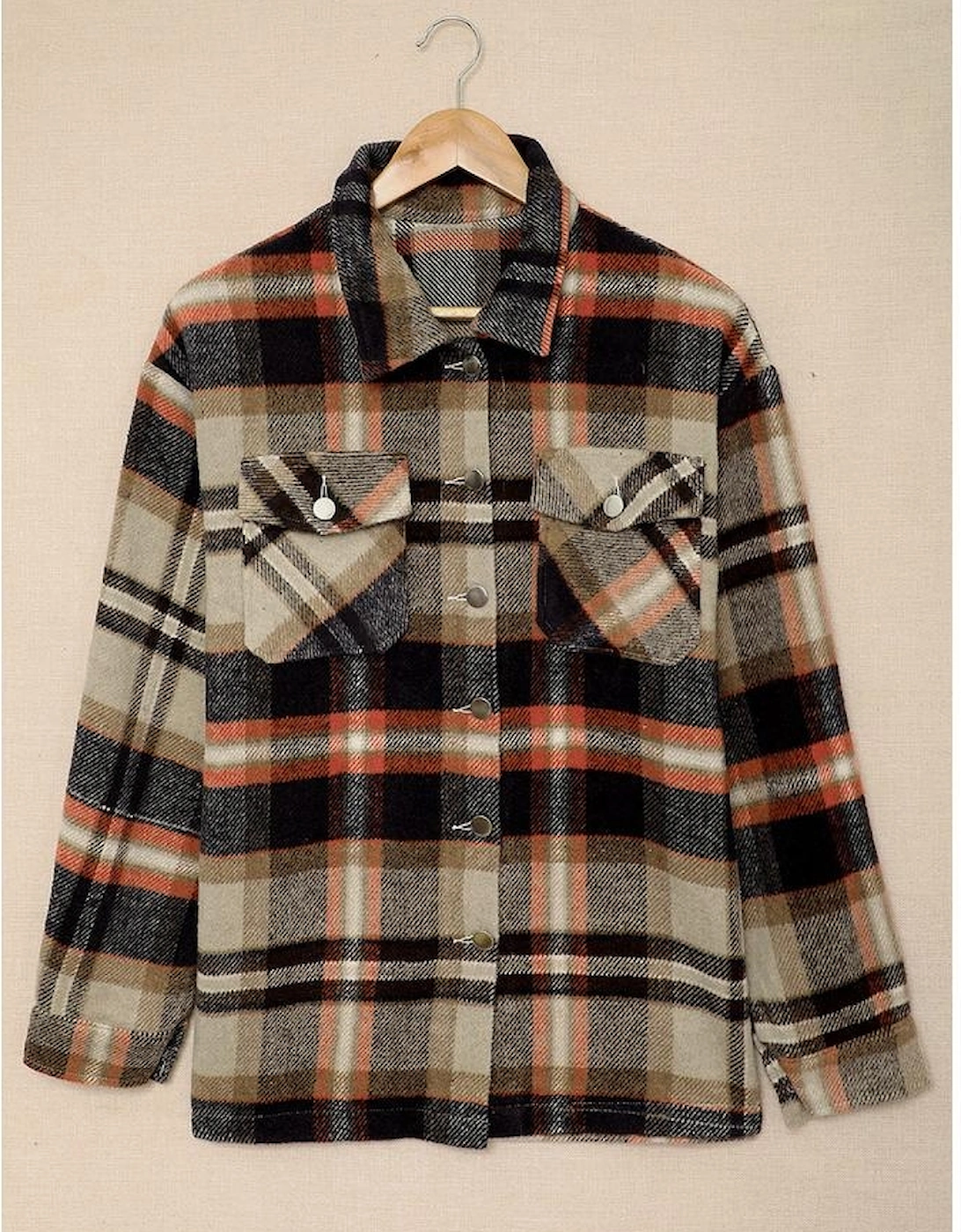 Khaki Geometric Plaid Print Pocketed Shacket