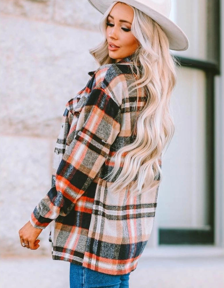 Khaki Geometric Plaid Print Pocketed Shacket