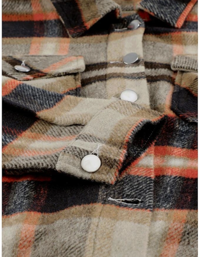 Khaki Geometric Plaid Print Pocketed Shacket