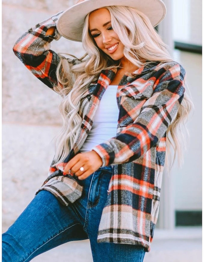 Khaki Geometric Plaid Print Pocketed Shacket