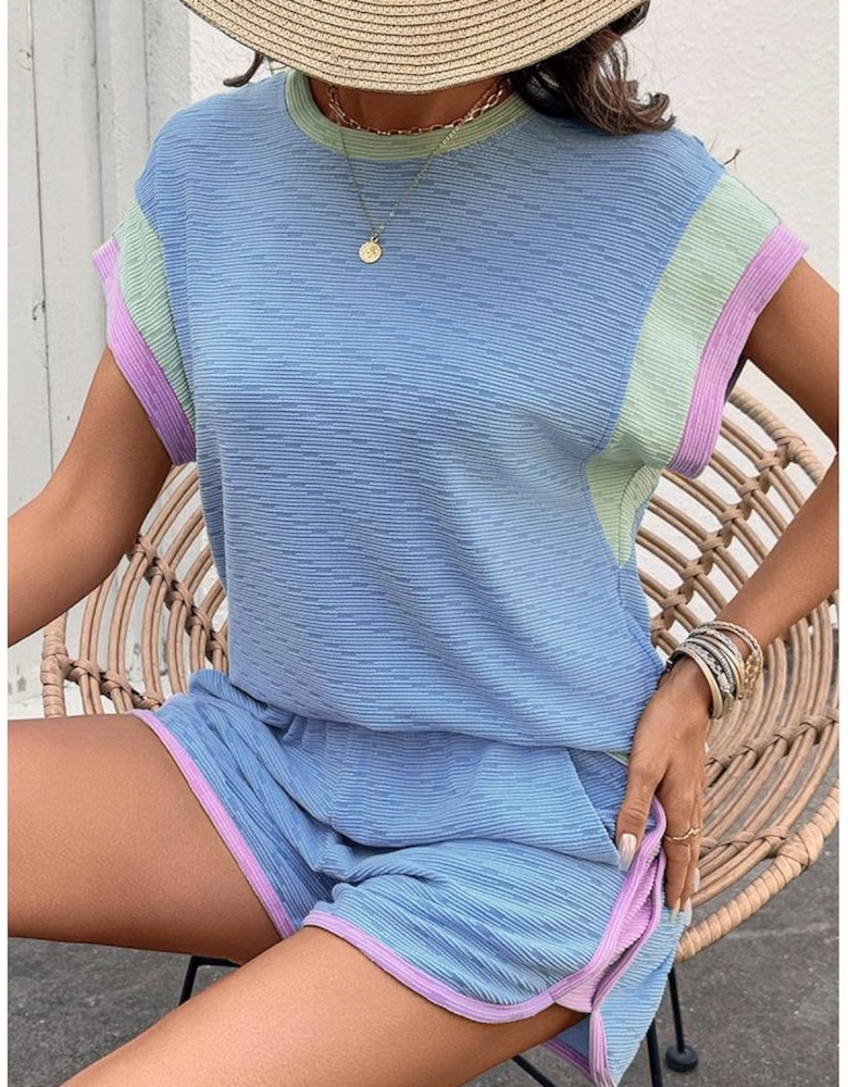 Beau Blue Corded Knit Contrast Trim Round Neck Cap Sleeve 2pcs Short Set