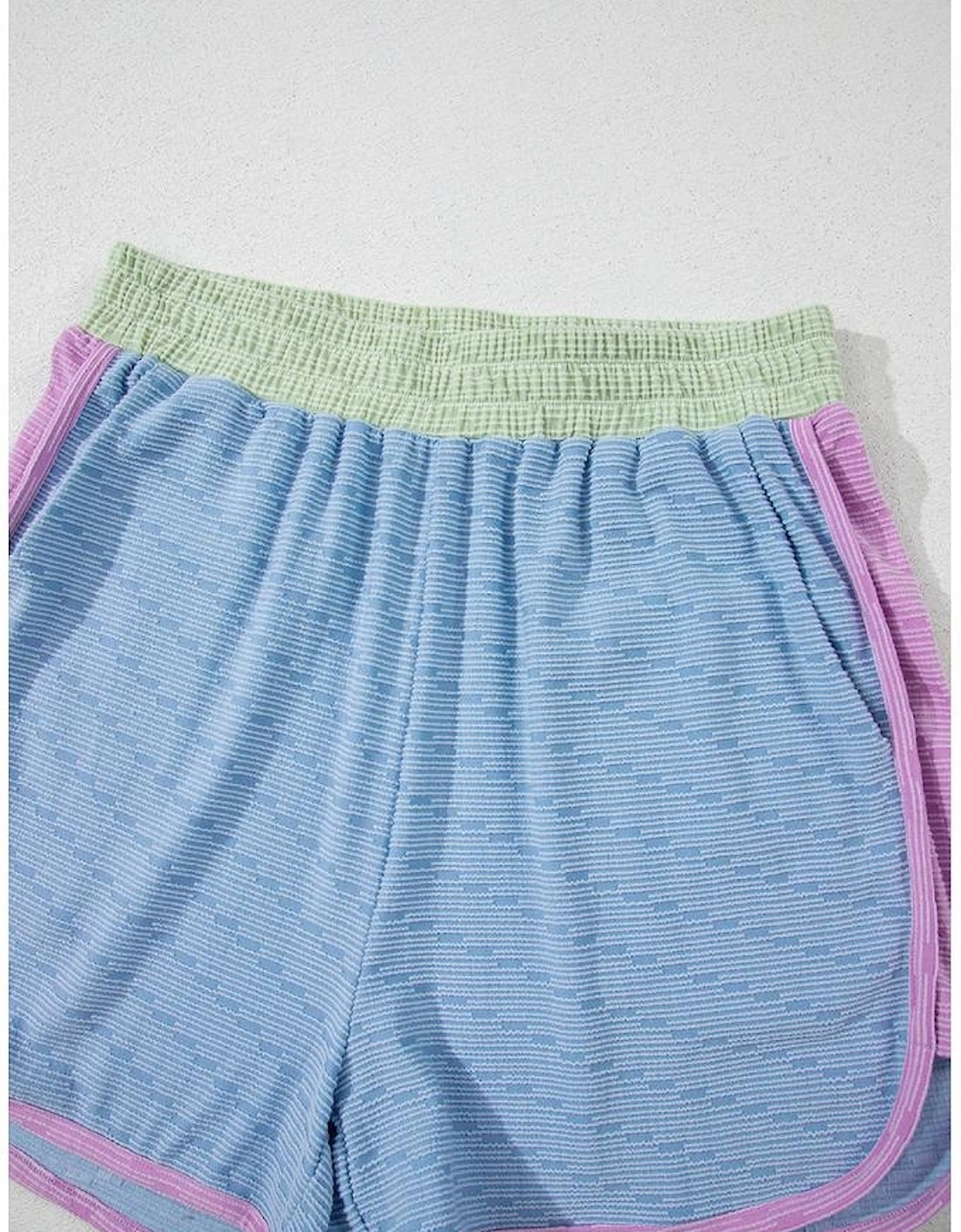 Beau Blue Corded Knit Contrast Trim Round Neck Cap Sleeve 2pcs Short Set