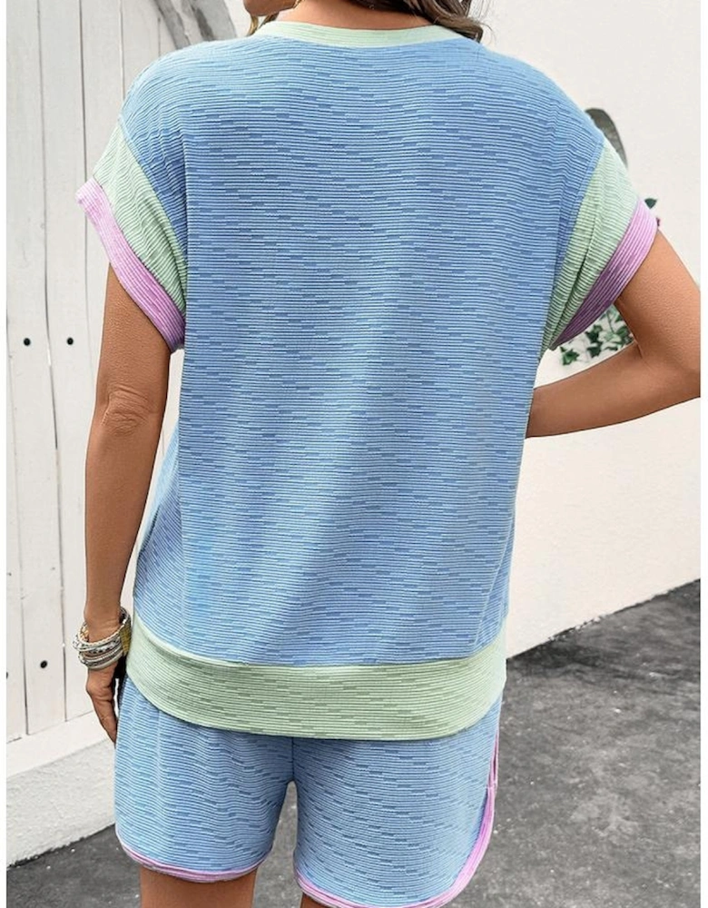 Beau Blue Corded Knit Contrast Trim Round Neck Cap Sleeve 2pcs Short Set