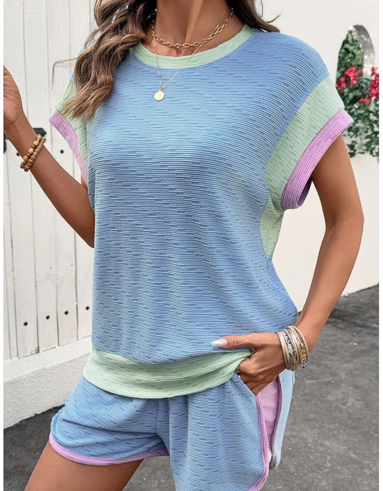 Beau Blue Corded Knit Contrast Trim Round Neck Cap Sleeve 2pcs Short Set