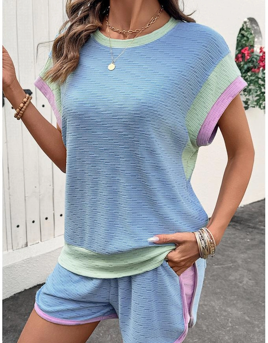 Beau Blue Corded Knit Contrast Trim Round Neck Cap Sleeve 2pcs Short Set