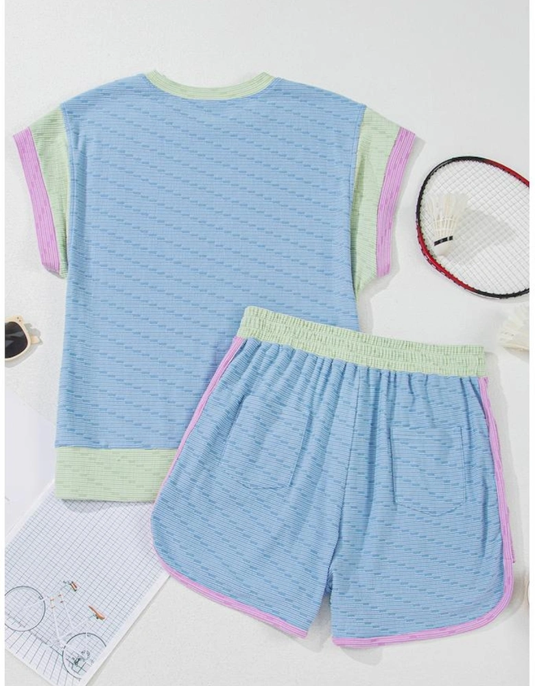 Beau Blue Corded Knit Contrast Trim Round Neck Cap Sleeve 2pcs Short Set