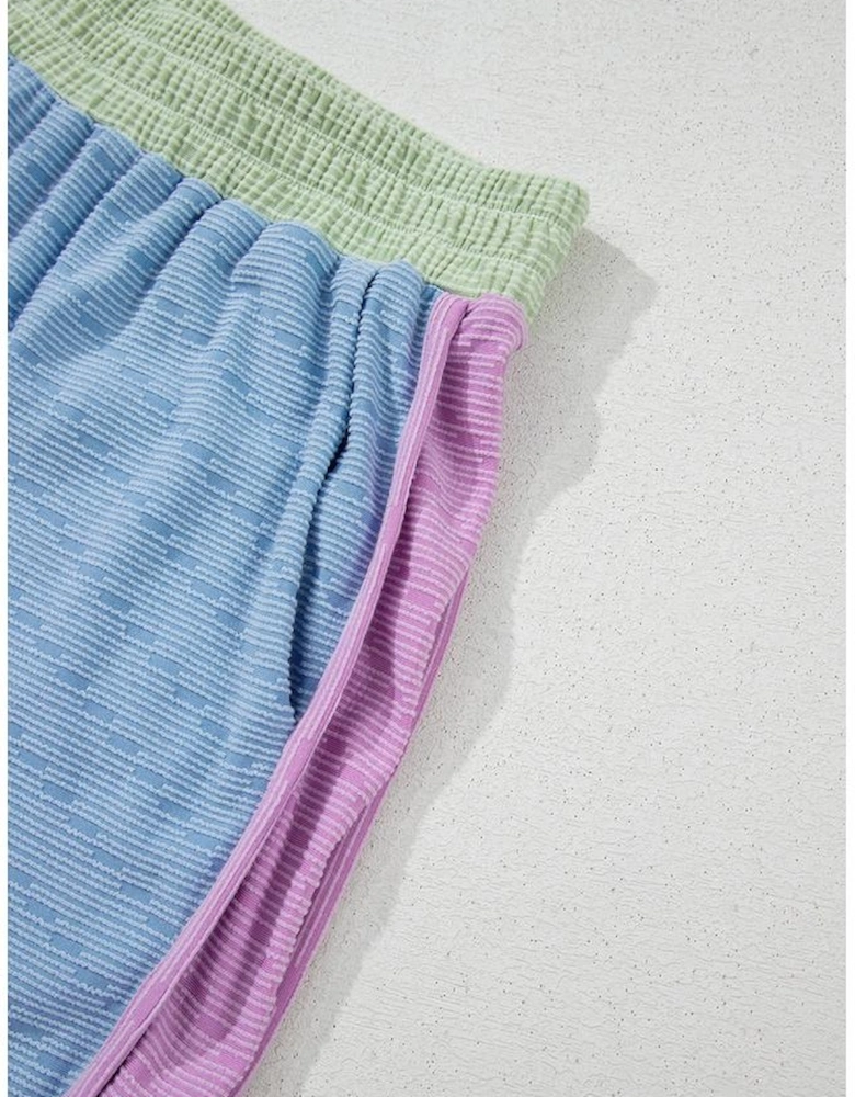 Beau Blue Corded Knit Contrast Trim Round Neck Cap Sleeve 2pcs Short Set