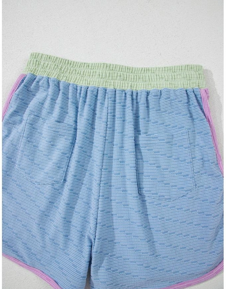 Beau Blue Corded Knit Contrast Trim Round Neck Cap Sleeve 2pcs Short Set