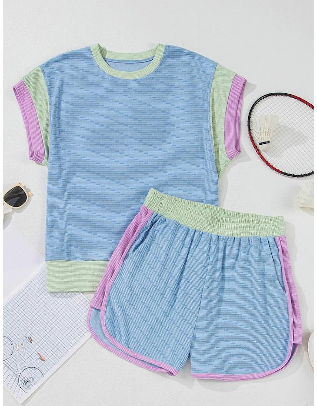 Beau Blue Corded Knit Contrast Trim Round Neck Cap Sleeve 2pcs Short Set