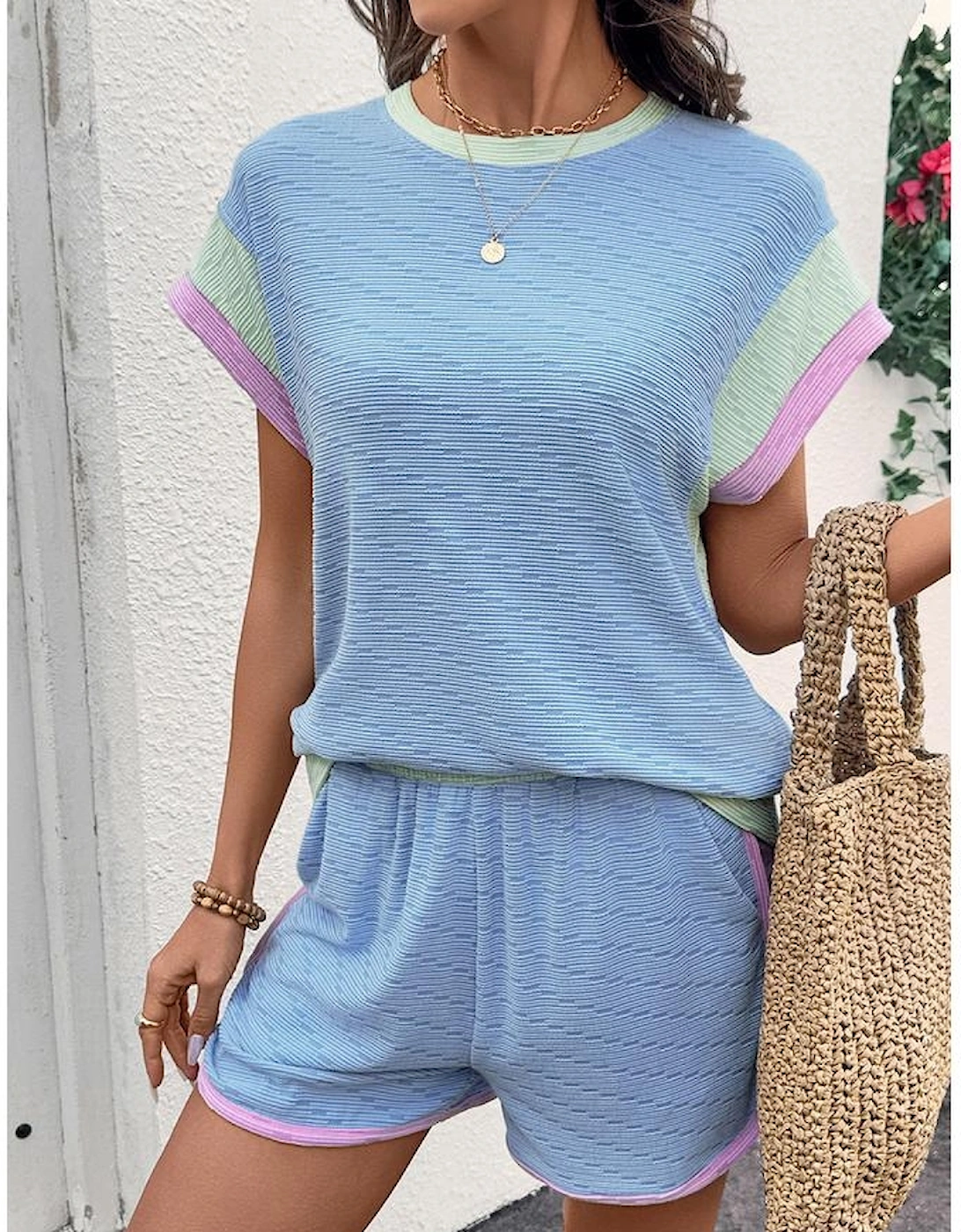 Beau Blue Corded Knit Contrast Trim Round Neck Cap Sleeve 2pcs Short Set