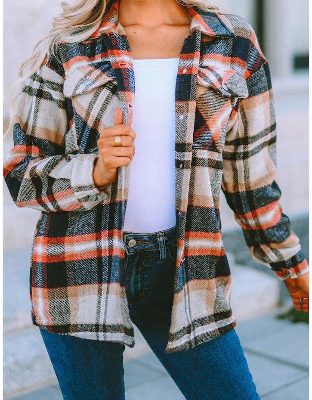Khaki Geometric Plaid Print Pocketed Shacket