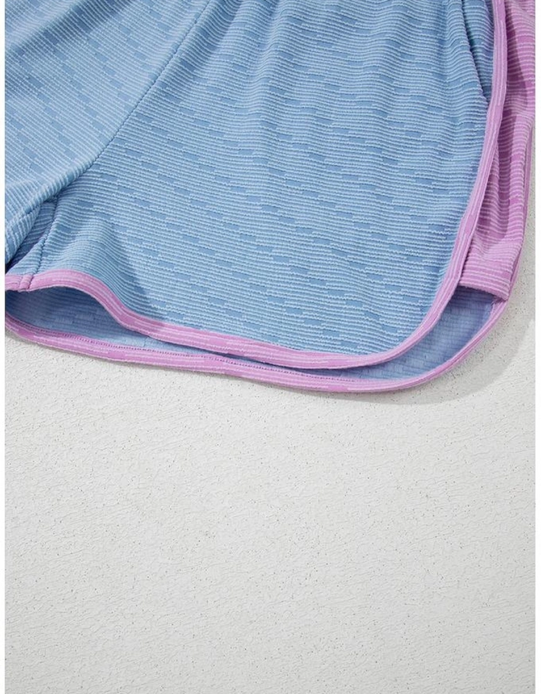 Beau Blue Corded Knit Contrast Trim Round Neck Cap Sleeve 2pcs Short Set