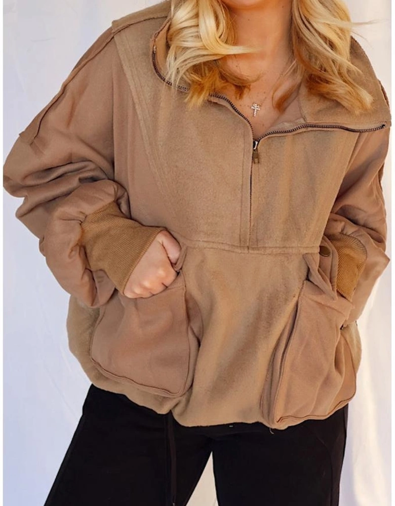 Camel Exposed Seam Side Pockets Half Zipper Baggy Sweatshirt