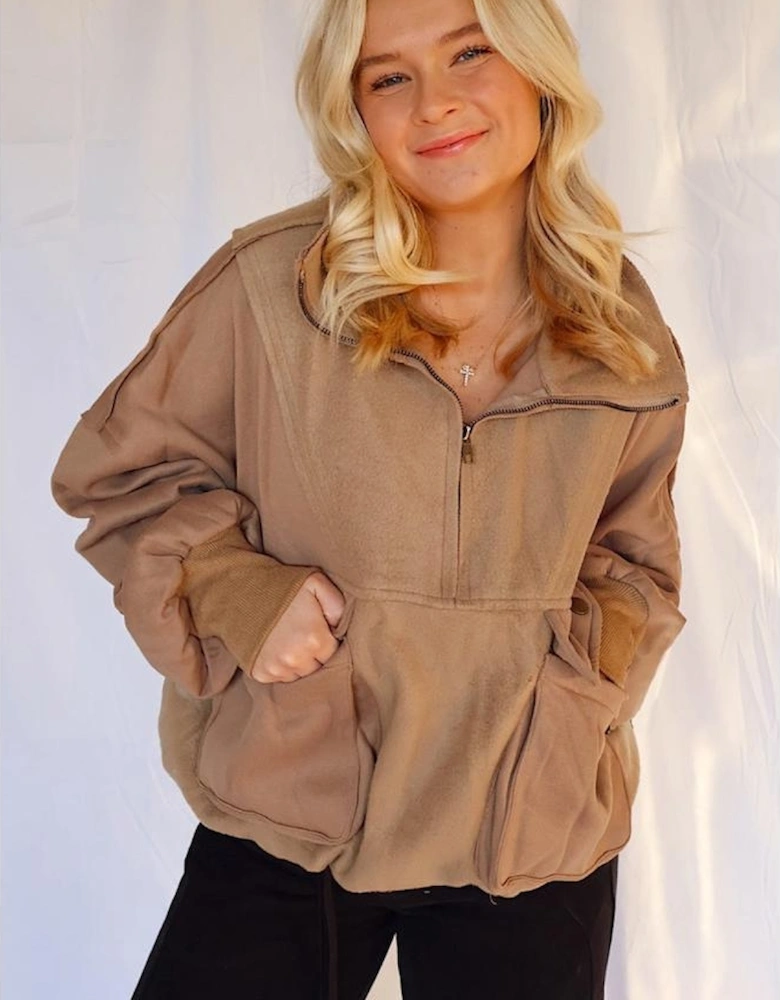 Camel Exposed Seam Side Pockets Half Zipper Baggy Sweatshirt