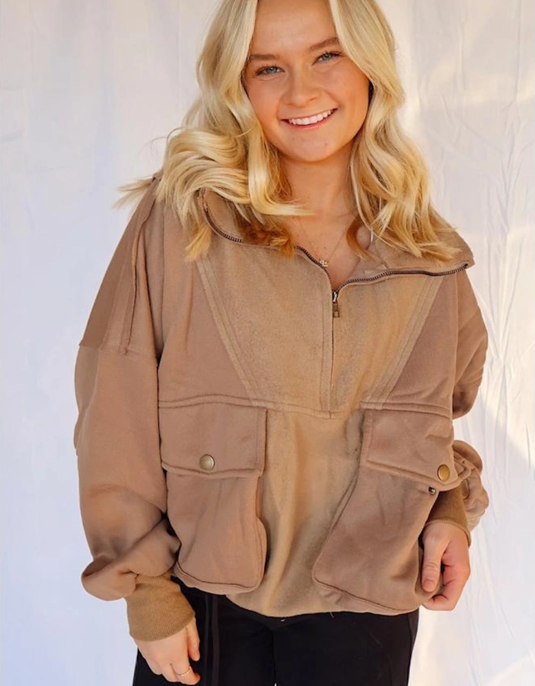 Camel Exposed Seam Side Pockets Half Zipper Baggy Sweatshirt