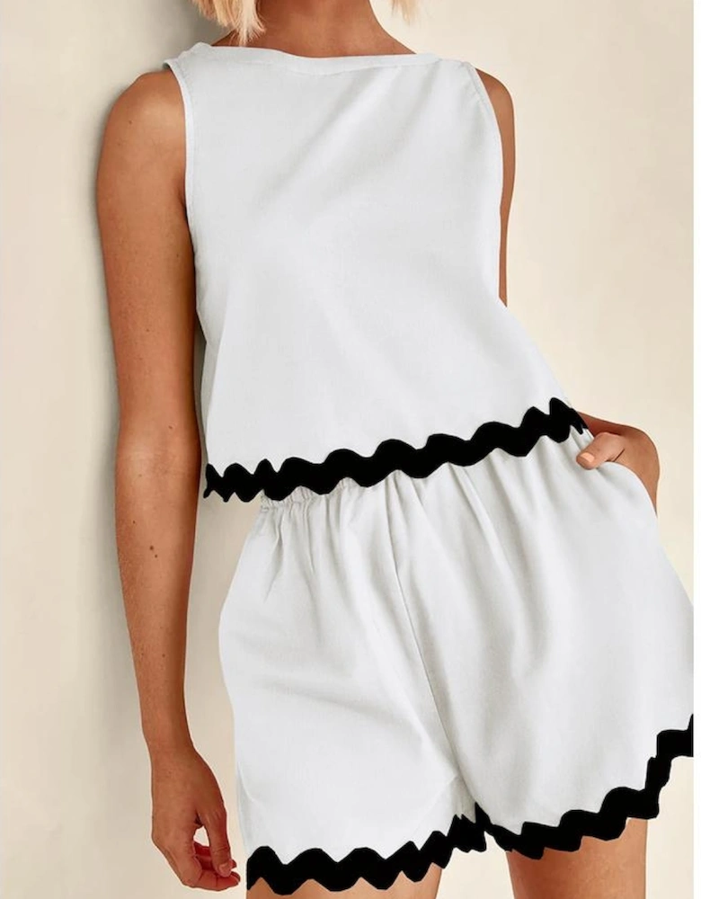 White Ricrac Trim Tank Top Elastic Waist Shorts Set