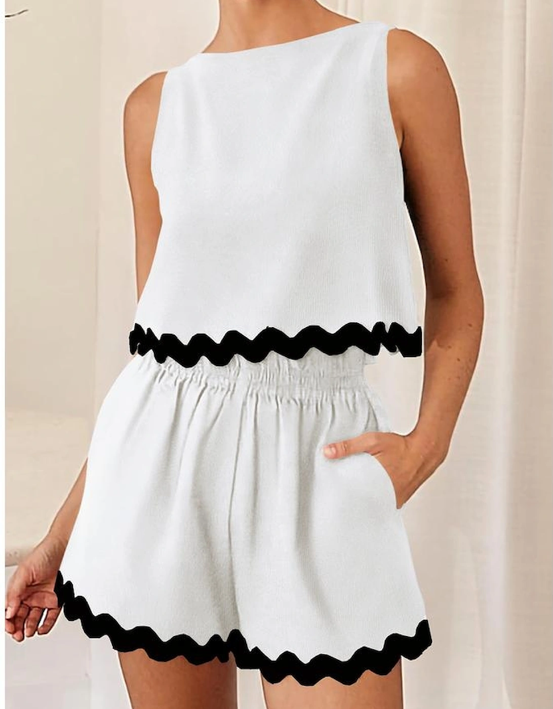 White Ricrac Trim Tank Top Elastic Waist Shorts Set