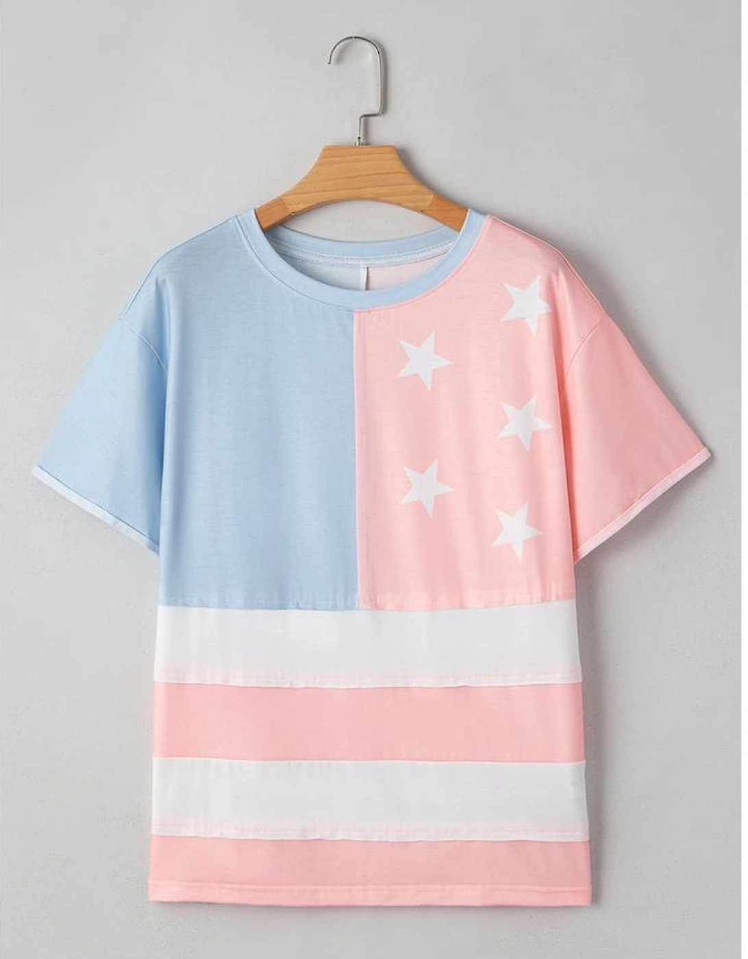Pink Stars and Stripes Printed Crewneck Independence Day T Shirt