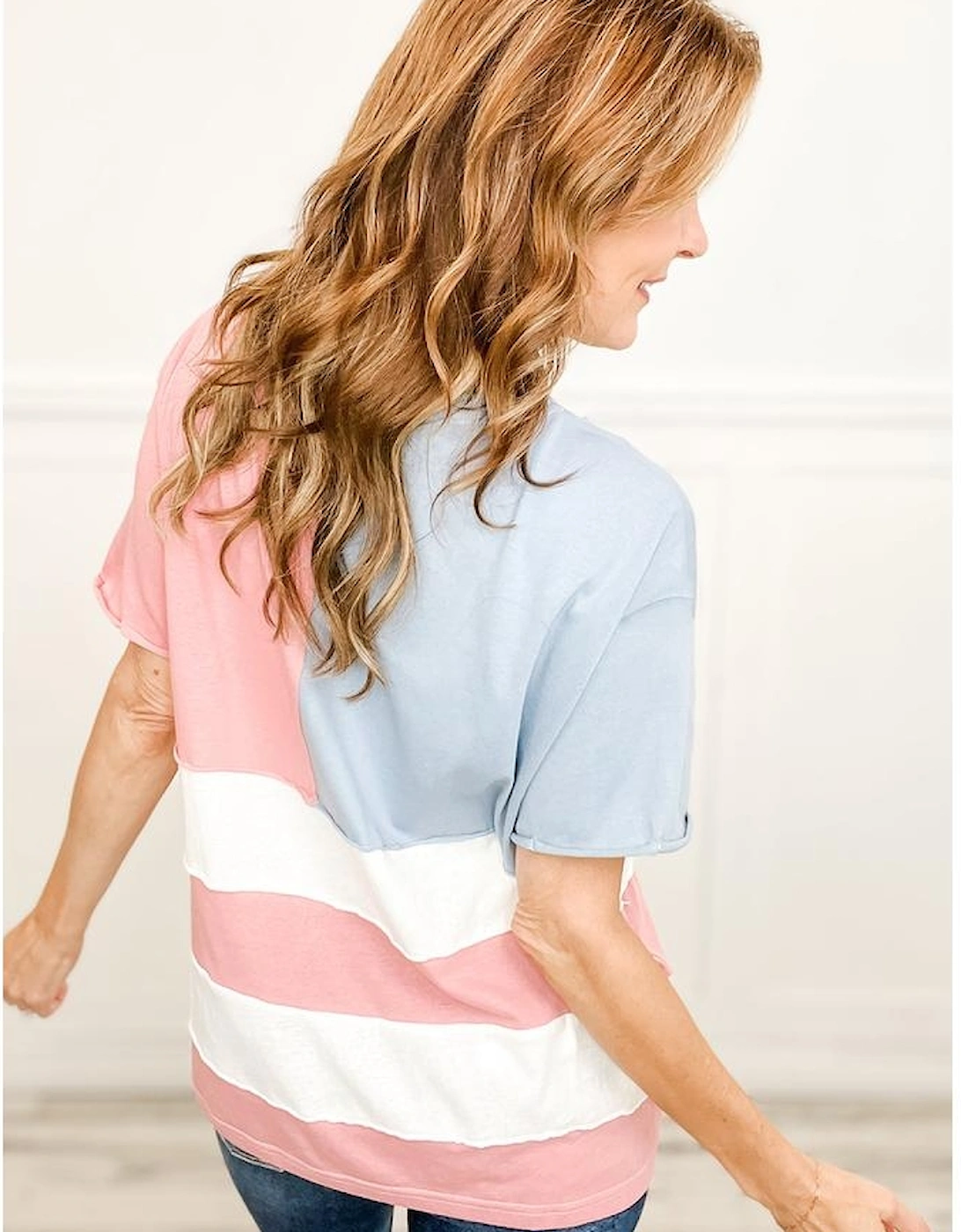 Pink Stars and Stripes Printed Crewneck Independence Day T Shirt