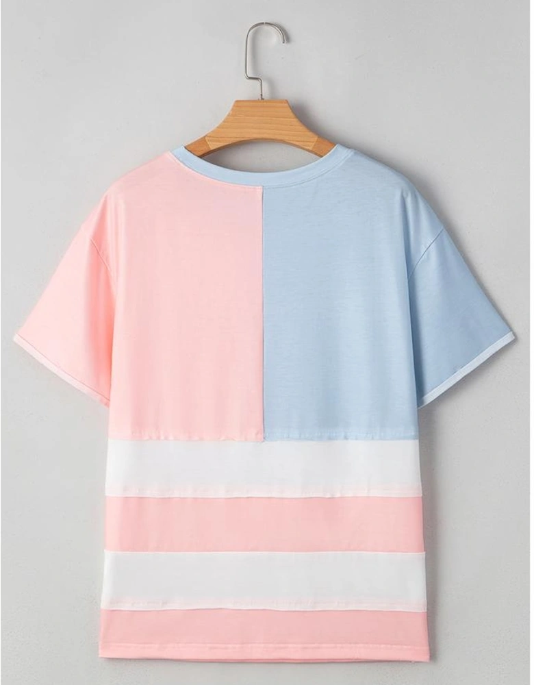 Pink Stars and Stripes Printed Crewneck Independence Day T Shirt