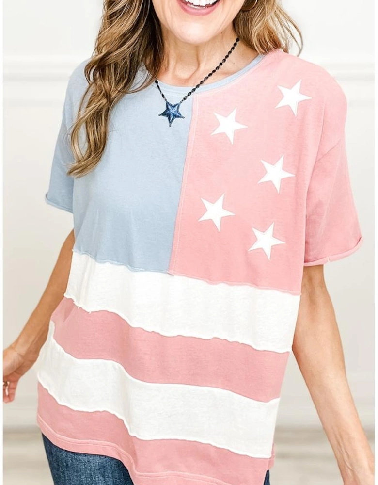 Pink Stars and Stripes Printed Crewneck Independence Day T Shirt