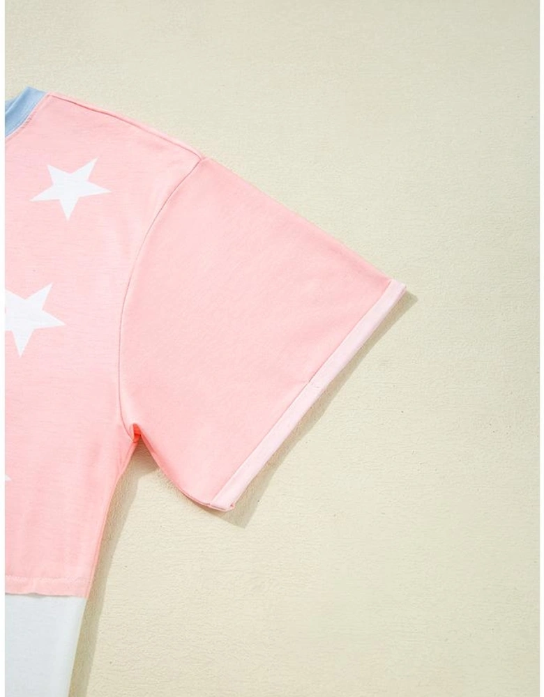 Pink Stars and Stripes Printed Crewneck Independence Day T Shirt