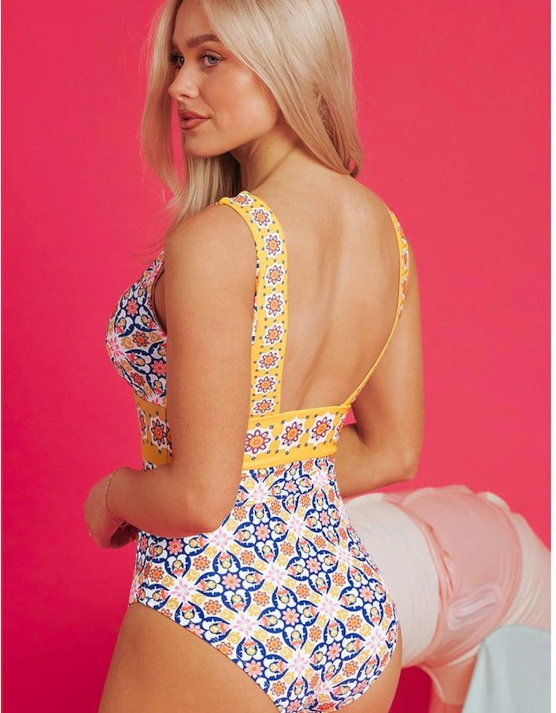 Yellow Floral Print V Neck One Piece Swimsuit