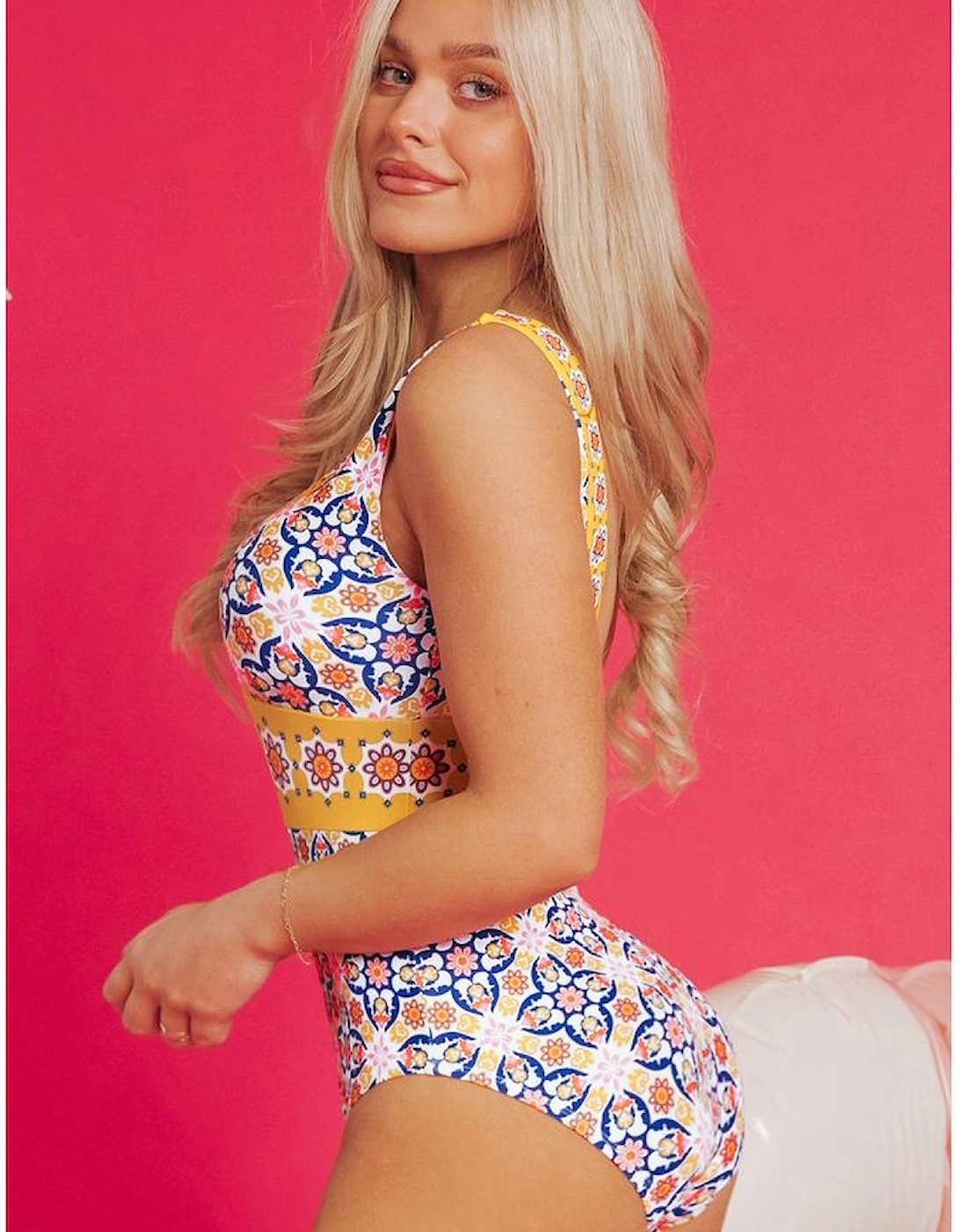 Yellow Floral Print V Neck One Piece Swimsuit