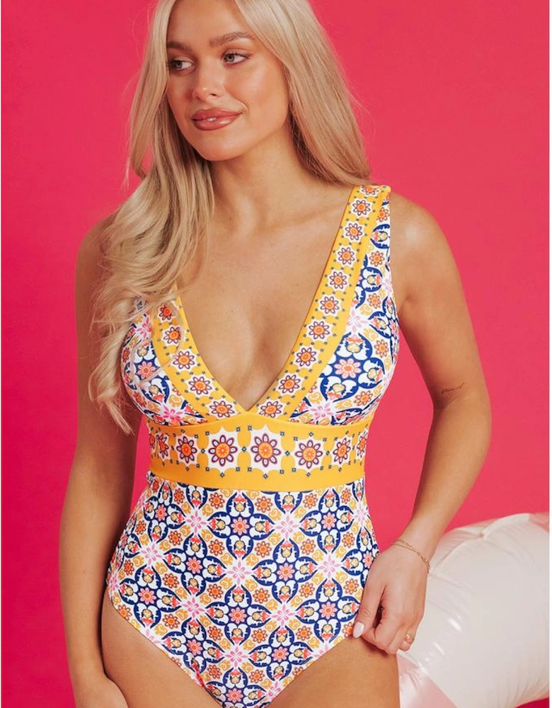 Yellow Floral Print V Neck One Piece Swimsuit