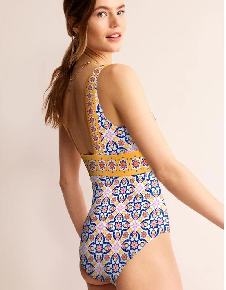 Yellow Floral Print V Neck One Piece Swimsuit