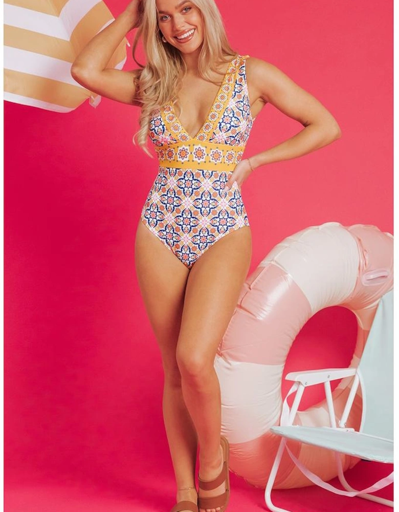 Yellow Floral Print V Neck One Piece Swimsuit