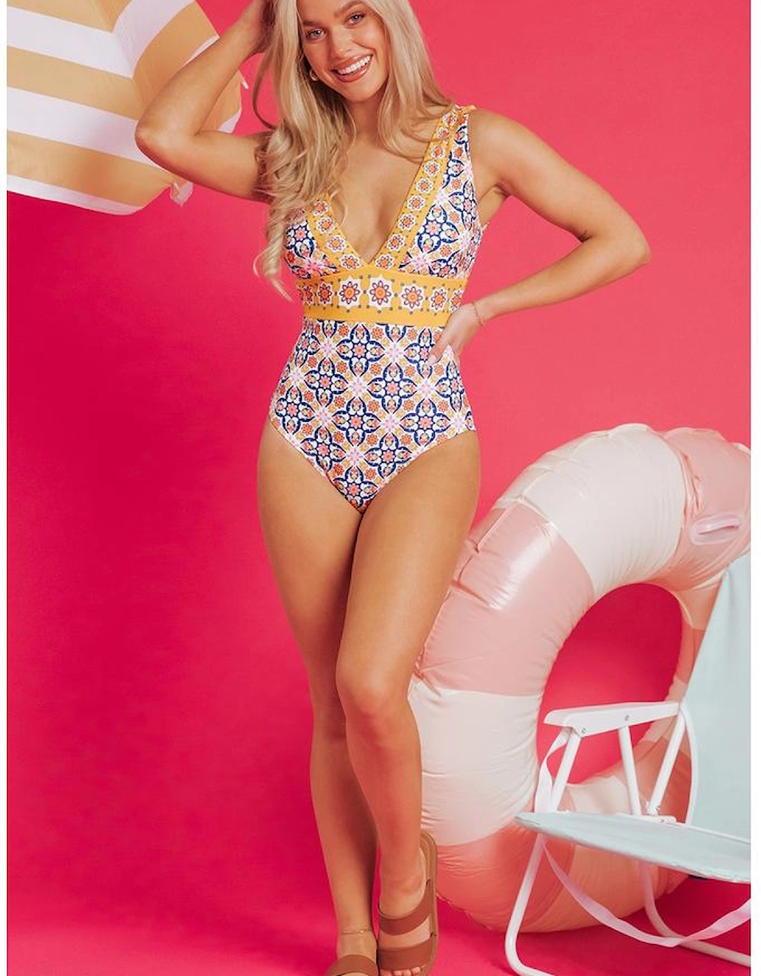 Yellow Floral Print V Neck One Piece Swimsuit