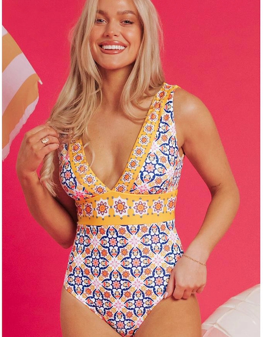 Yellow Floral Print V Neck One Piece Swimsuit