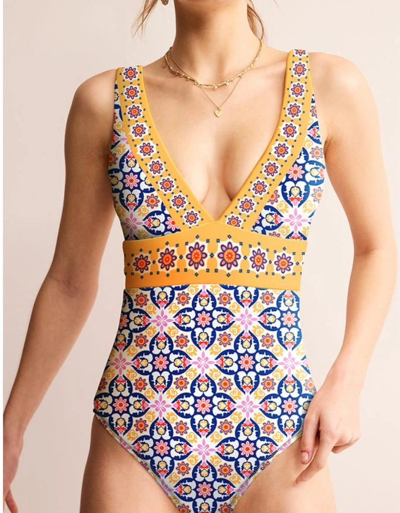 Yellow Floral Print V Neck One Piece Swimsuit
