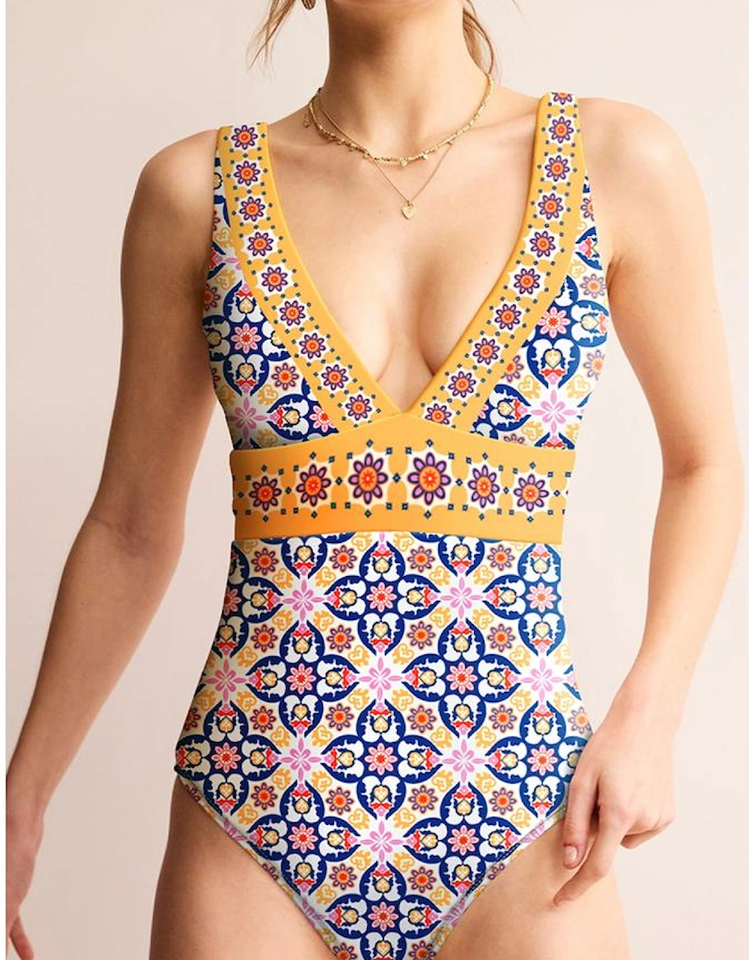 Yellow Floral Print V Neck One Piece Swimsuit