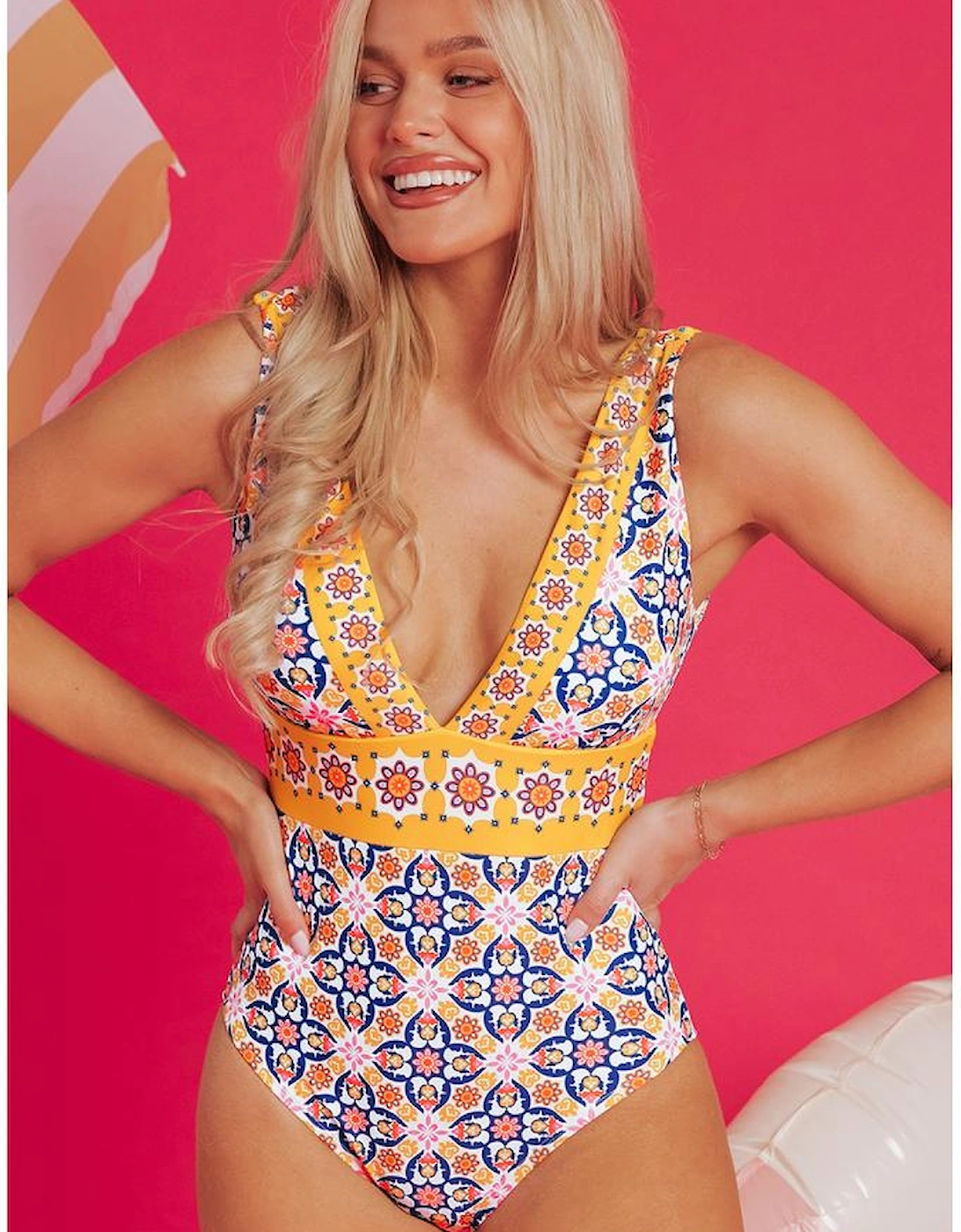 Yellow Floral Print V Neck One Piece Swimsuit