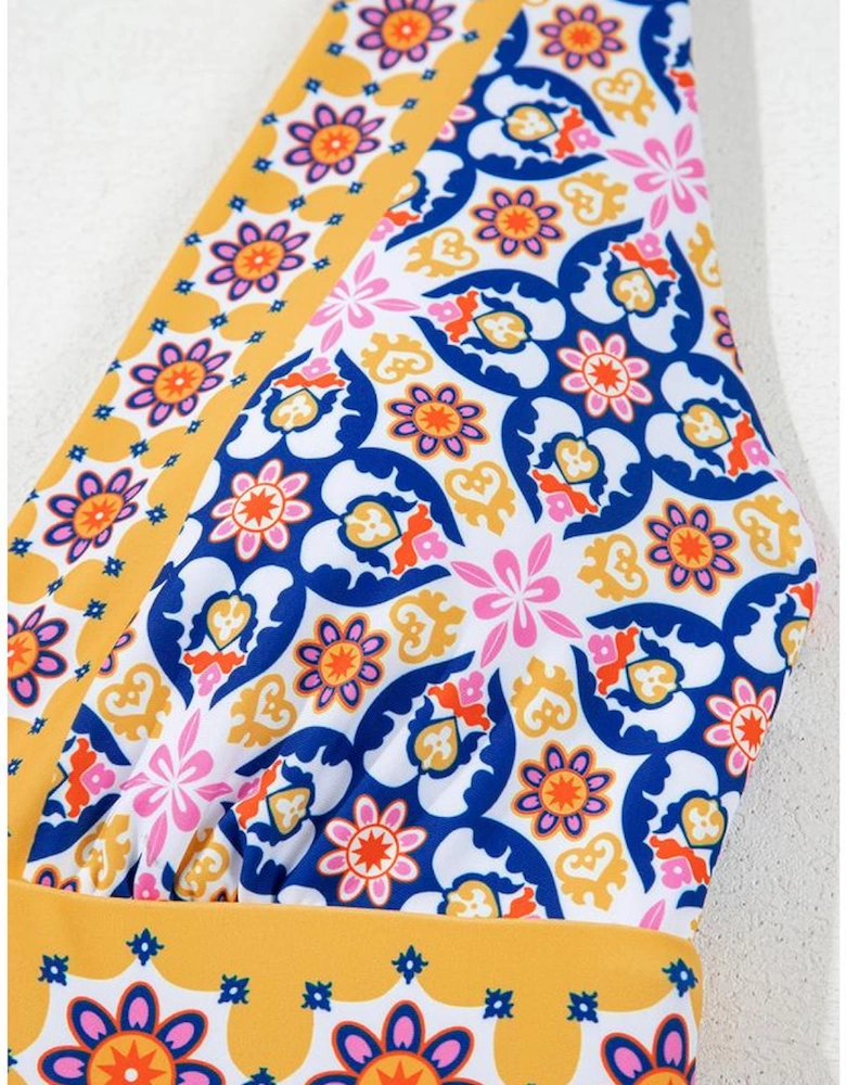 Yellow Floral Print V Neck One Piece Swimsuit