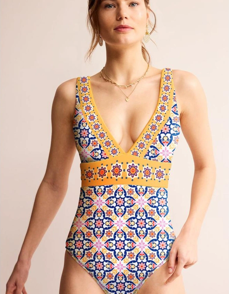 Yellow Floral Print V Neck One Piece Swimsuit