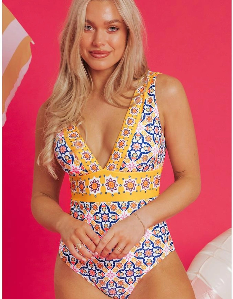 Yellow Floral Print V Neck One Piece Swimsuit