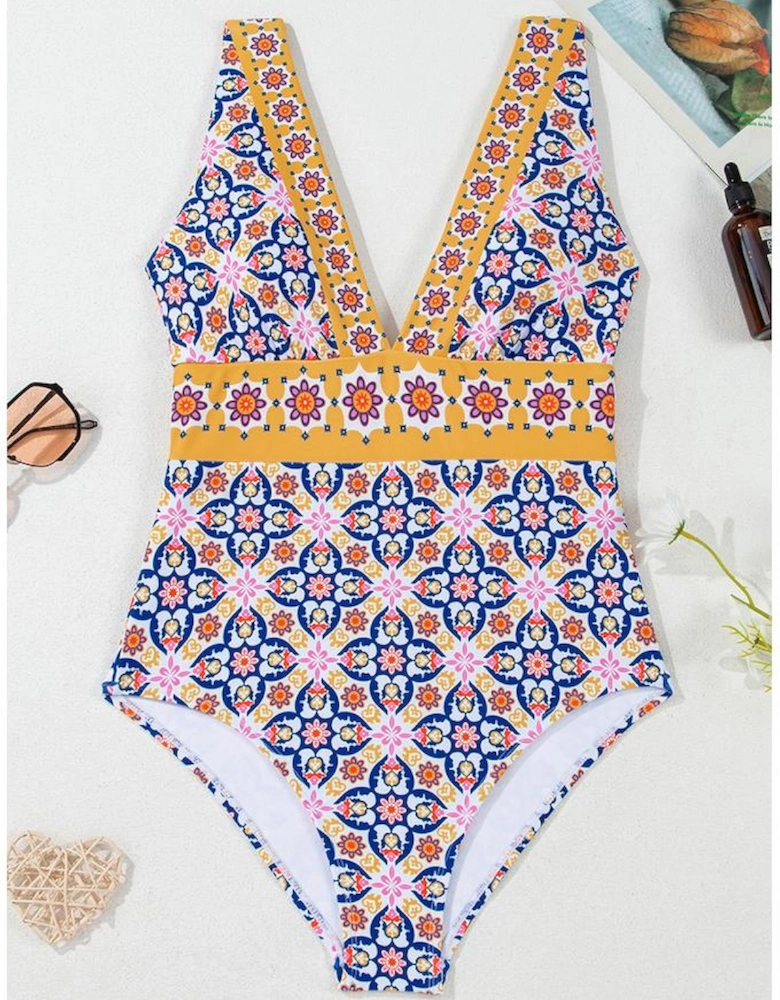 Yellow Floral Print V Neck One Piece Swimsuit