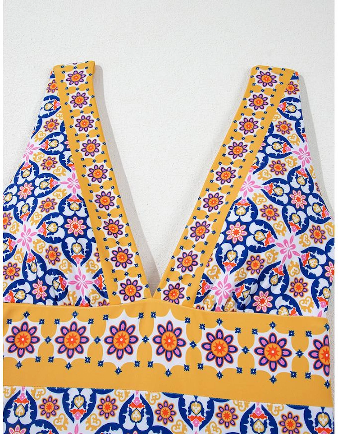 Yellow Floral Print V Neck One Piece Swimsuit