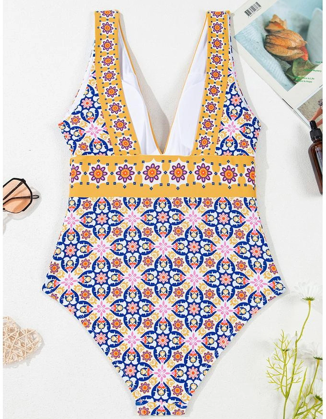 Yellow Floral Print V Neck One Piece Swimsuit