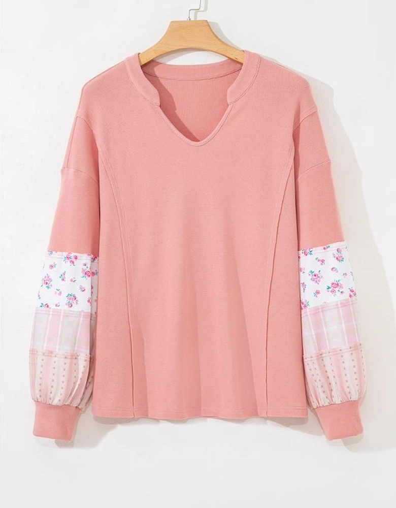 Pink Floral Sleeve Patchwork Waffle Knit Notched V Neck Plus Size Top
