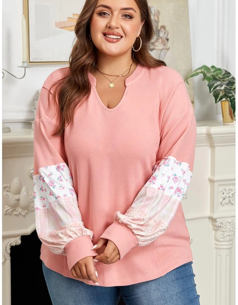 Pink Floral Sleeve Patchwork Waffle Knit Notched V Neck Plus Size Top