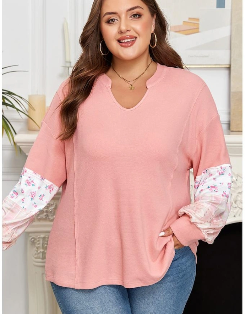 Pink Floral Sleeve Patchwork Waffle Knit Notched V Neck Plus Size Top
