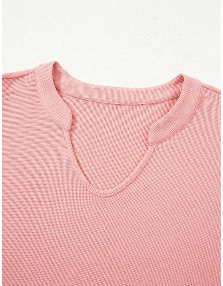 Pink Floral Sleeve Patchwork Waffle Knit Notched V Neck Plus Size Top