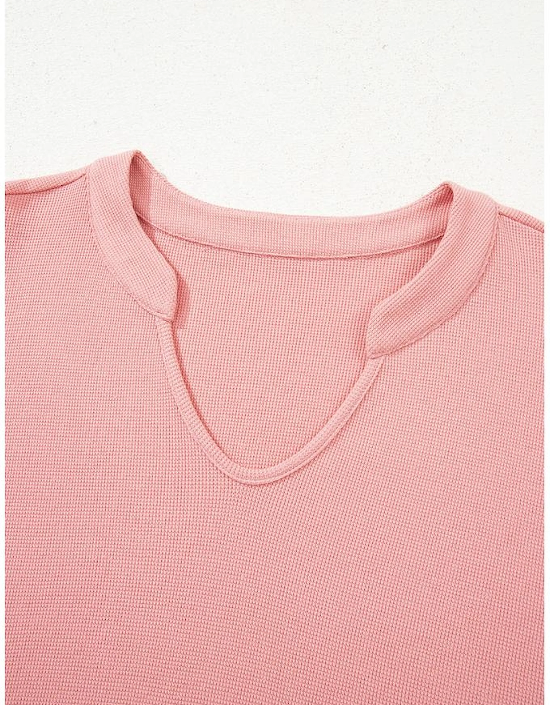 Pink Floral Sleeve Patchwork Waffle Knit Notched V Neck Plus Size Top