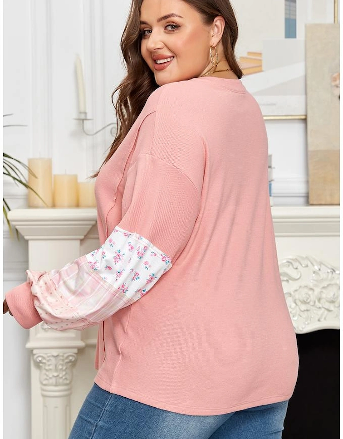 Pink Floral Sleeve Patchwork Waffle Knit Notched V Neck Plus Size Top, 16 of 15